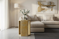 Luxury Spanish Gold Natural Marble Side Table, 16cm Side Length Hexagonal End Table with Polished Finish, Modern Geometric Stone Plinth & Nightstand for Living Room (Yellow/Gold, 40cm x 32cm)