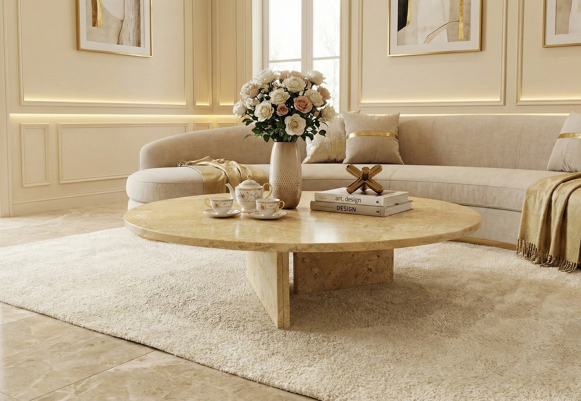 Gold Yellow Beige natural marble coffee table, living room table,natural stone, Ø35.4 h9.8 Inch/Ø90 h25 cm, genuine marble, real marble