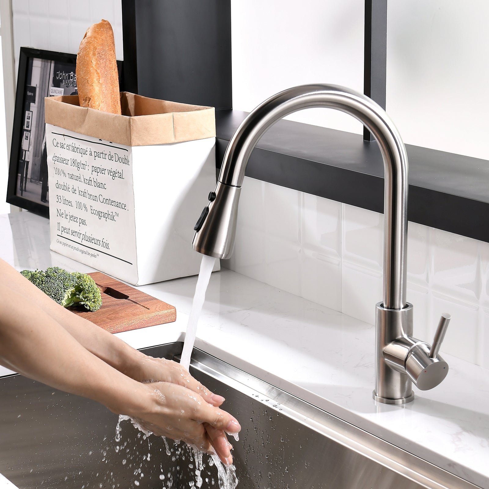 FLG Touch-On Kitchen Faucet with Pull Out Sprayer Single Handle Brass Touch Activated Kitchen Sink Faucet with 2-Way Pull Out Sprayer,Brushed Nickel