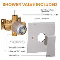 Faucet Modern Brushed Nickel Shower Faucet, Tub and Shower Trim Kit with Single-Spray Touch-Clean Brushed Nickel Square Shower Head, Brushed Nickel (Valve Not Included)