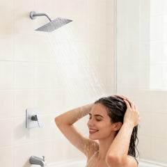 Faucet Modern Brushed Nickel Shower Faucet, Tub and Shower Trim Kit with Single-Spray Touch-Clean Brushed Nickel Square Shower Head, Brushed Nickel (Valve Not Included)