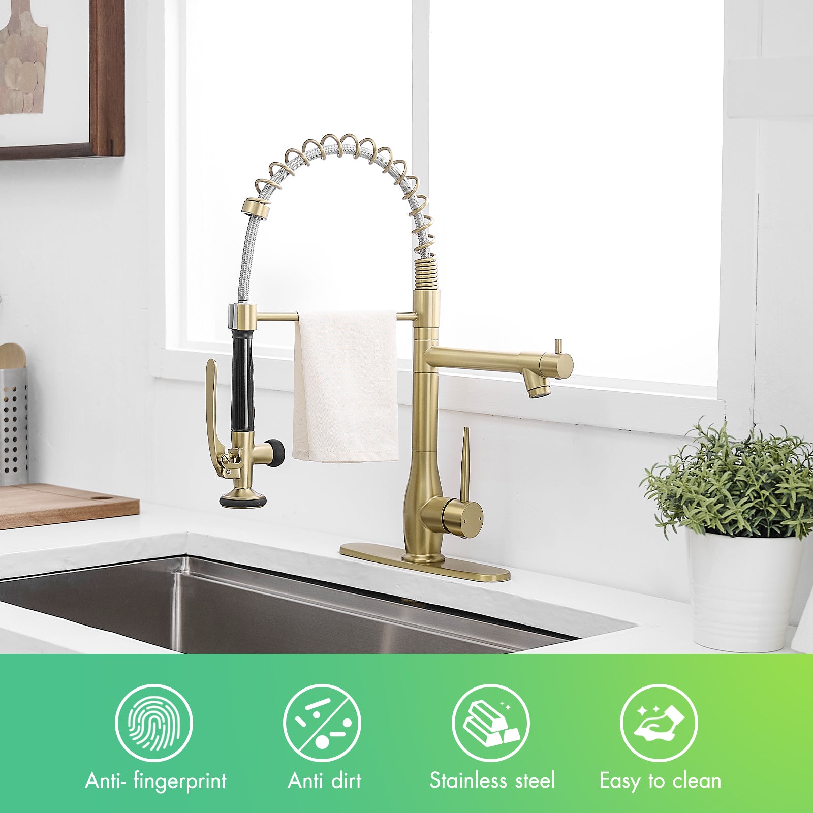 Commercial Brushed Gold Kitchen Faucet with Pull Down Sprayer,Faucet with Deck Plate,Single Handle Single Lever Kitchen Sink Faucet