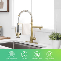 Commercial Brushed Gold Kitchen Faucet with Pull Down Sprayer,Faucet with Deck Plate,Single Handle Single Lever Kitchen Sink Faucet