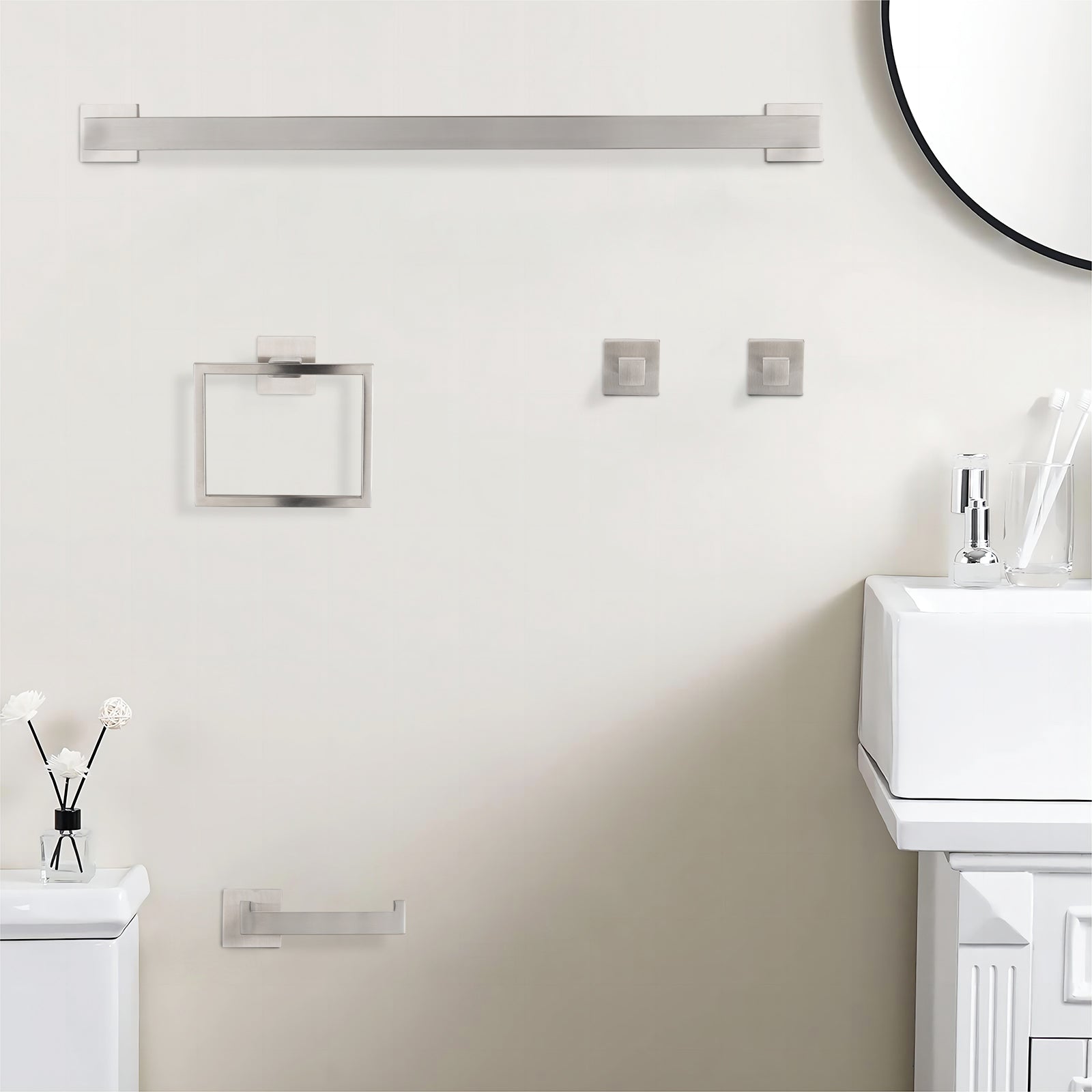 5-Piece SUS304 Bathroom Set: Towel Bar + Ring + Hooks + TP Holder, Brushed Finish