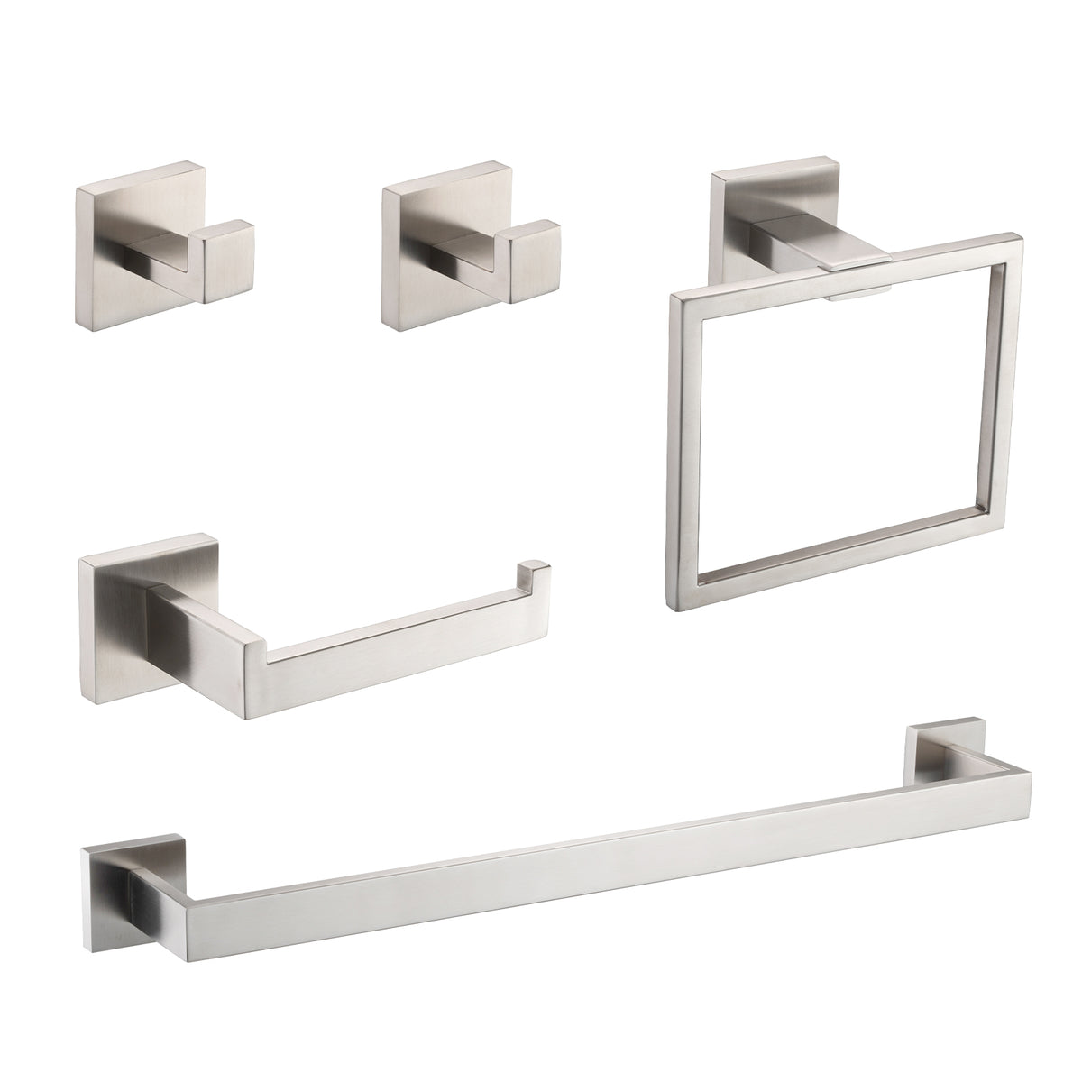 5-Piece SUS304 Bathroom Set: Towel Bar + Ring + Hooks + TP Holder, Brushed Finish