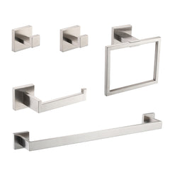 5-Piece SUS304 Bathroom Set: Towel Bar + Ring + Hooks + TP Holder, Brushed Finish