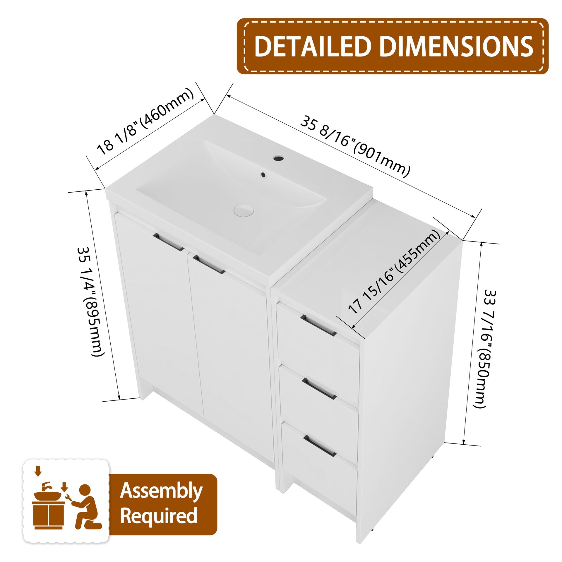 36" Freestanding Bathroom Vanity With Resin Sink, and 1-Storage Cabinet, Soft Closing Doors and Drawer, Glossy White, Plywood ( KD-Packing )
