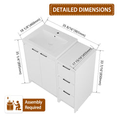 36" Freestanding Bathroom Vanity With Resin Sink, and 1-Storage Cabinet, Soft Closing Doors and Drawer, Glossy White, Plywood ( KD-Packing )