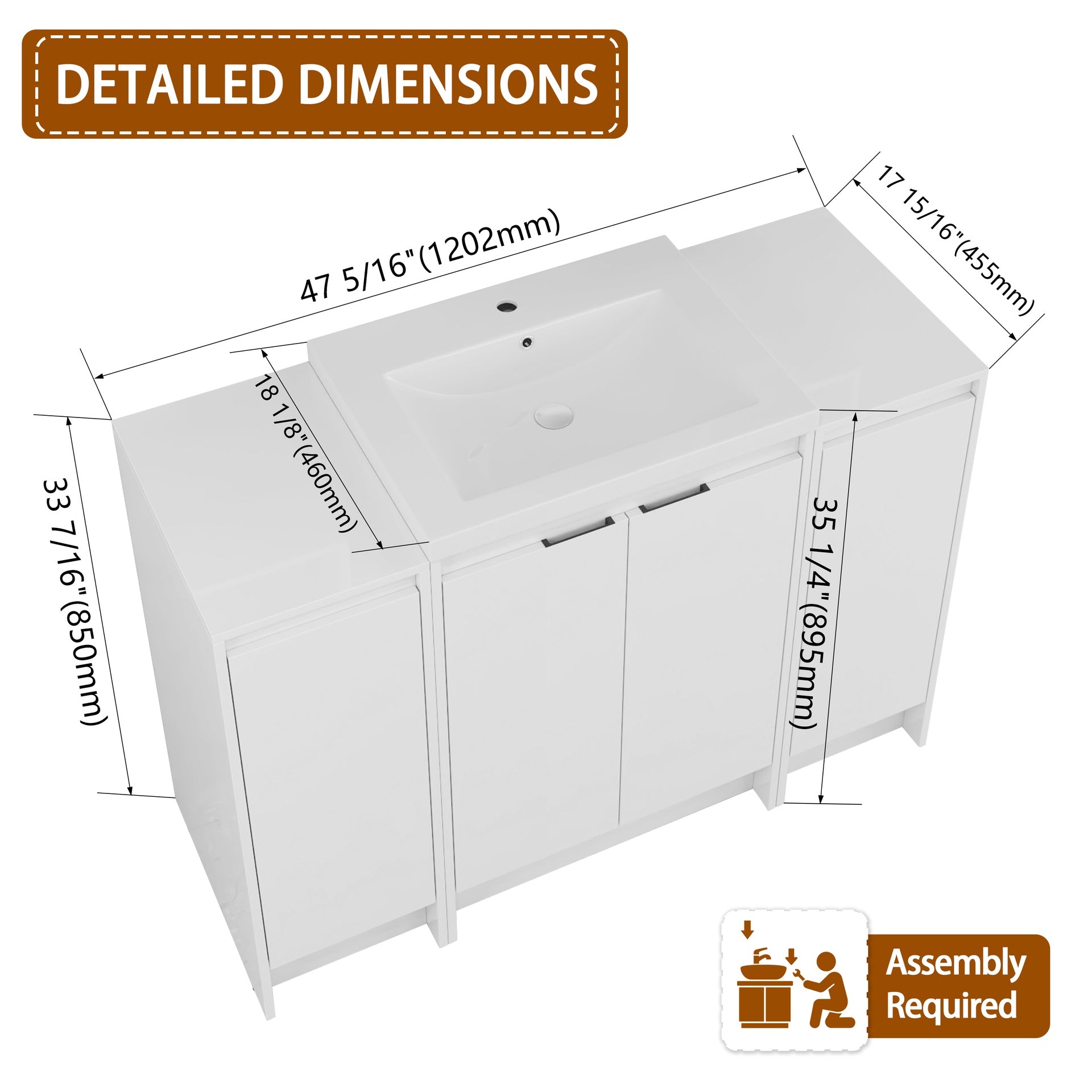 48" Freestanding Bathroom Vanity With Resin Sink, and 2-Storage Cabinet, Soft Close Doors, Glossy White, Plywood ( KD-Packing )