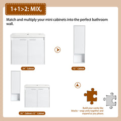 24" Bathroom Vanity With Resin Sink , 2-Soft Close Doors and 1-Wall Cabinet, Float Mounting Design, Glossy White, Plywood(KD-Packing)