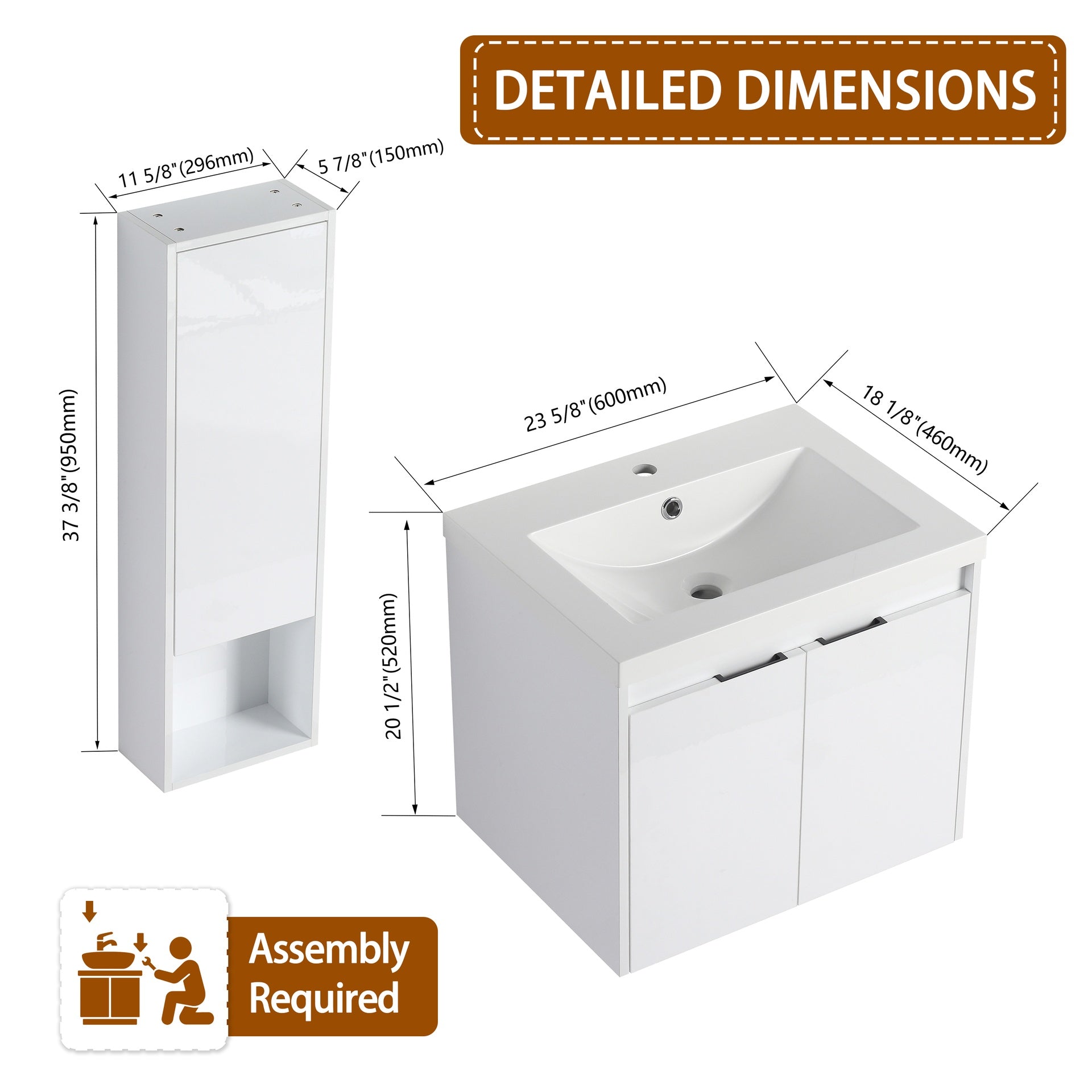 24" Bathroom Vanity With Resin Sink , 2-Soft Close Doors and 1-Wall Cabinet, Float Mounting Design, Glossy White, Plywood(KD-Packing)