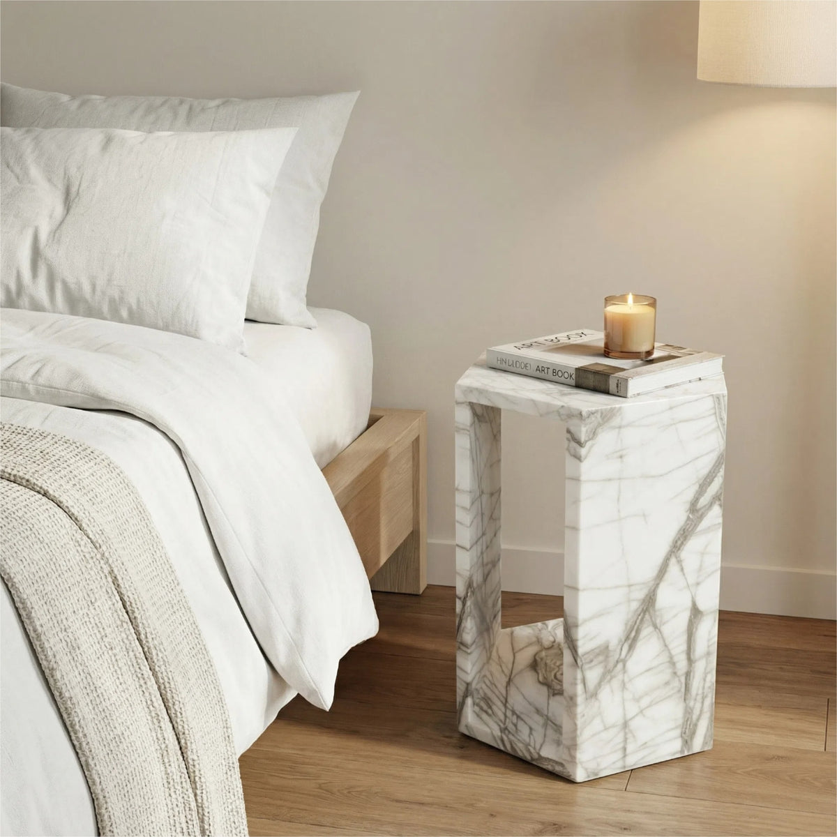 Genuine White Marble Hexagon Side Table - 15.7" Modern Geometric Stone End Table with Natural Veining - Polished Glossy Pedestal Nightstand for Living Room, Bedroom & Small Spaces