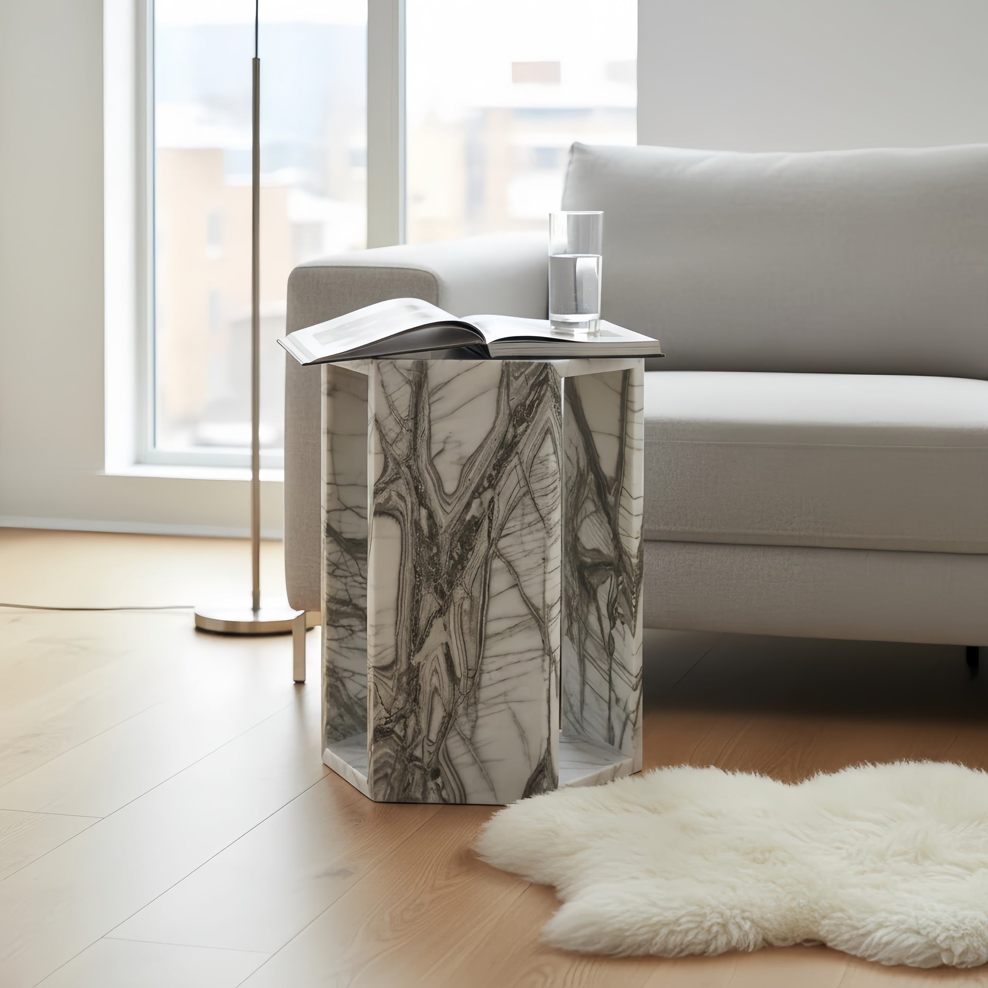 Genuine White Marble Hexagon Side Table - 15.7" Modern Geometric Stone End Table with Natural Veining - Polished Glossy Pedestal Nightstand for Living Room, Bedroom & Small Spaces