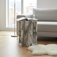 Genuine White Marble Hexagon Side Table - 15.7" Modern Geometric Stone End Table with Natural Veining - Polished Glossy Pedestal Nightstand for Living Room, Bedroom & Small Spaces