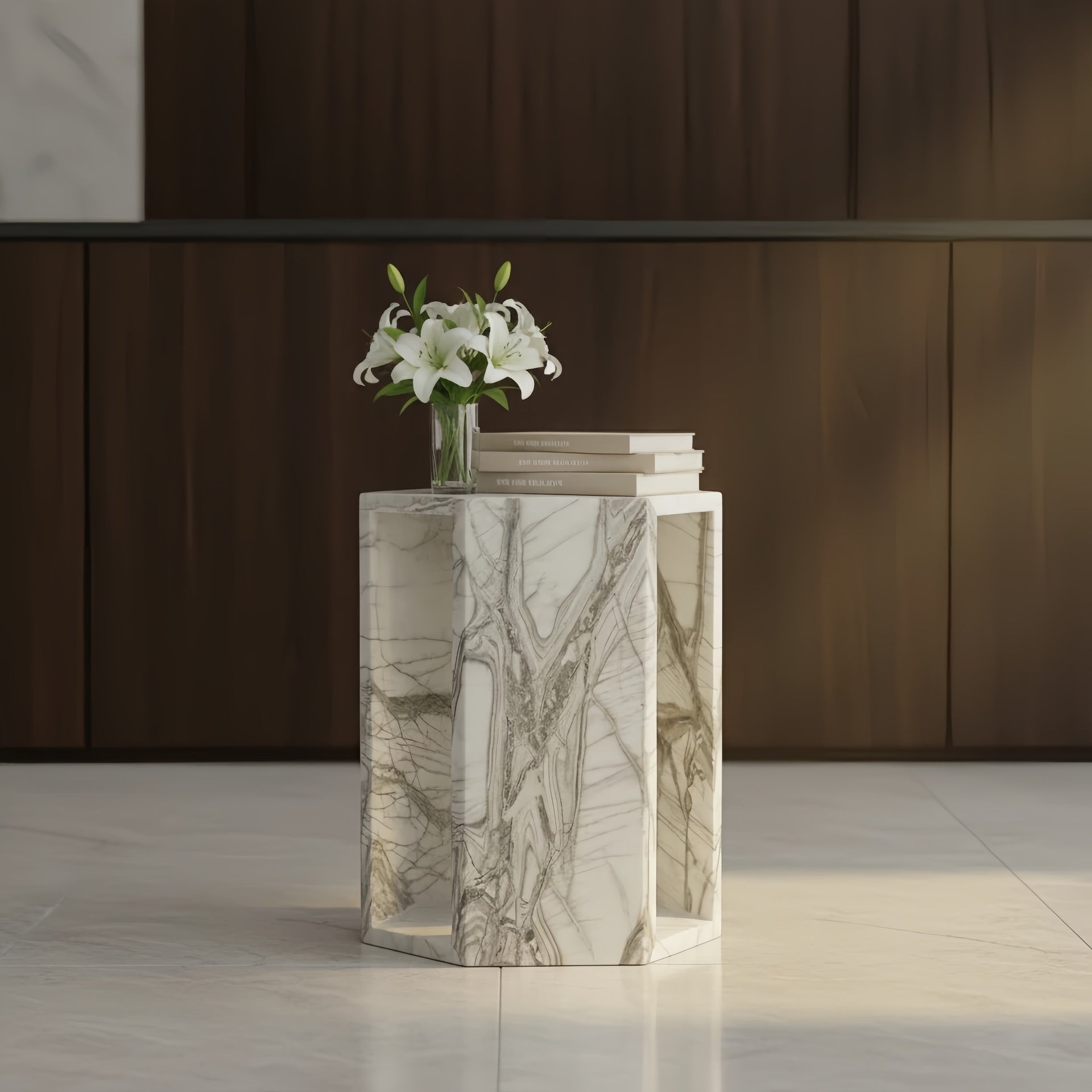 Genuine White Marble Hexagon Side Table - 15.7" Modern Geometric Stone End Table with Natural Veining - Polished Glossy Pedestal Nightstand for Living Room, Bedroom & Small Spaces