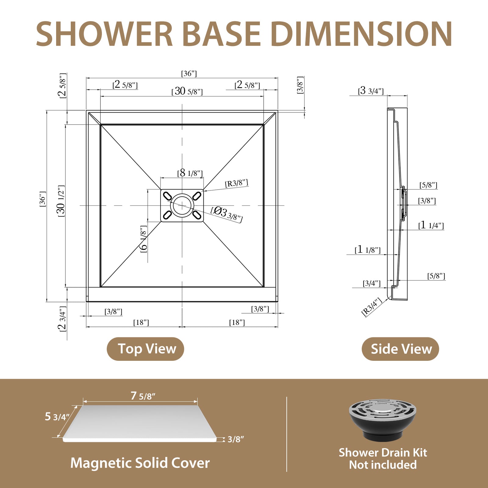 36x36 Inch White Acrylic Shower Base, Center Drain, Non-Slip Surface
