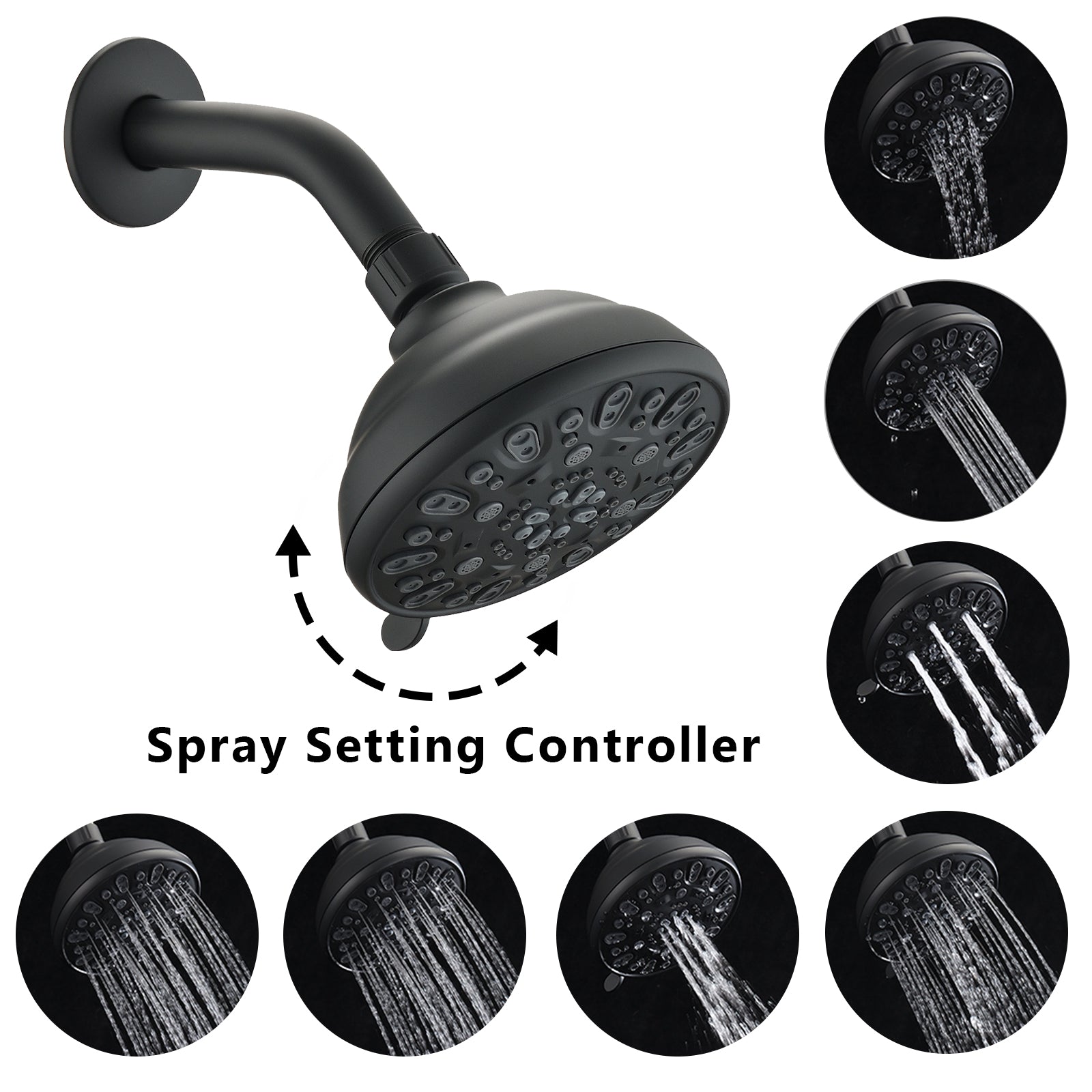 Matte Black high pressure 6-setting 4" shower head - Angle adjustable, clog-proof shower head