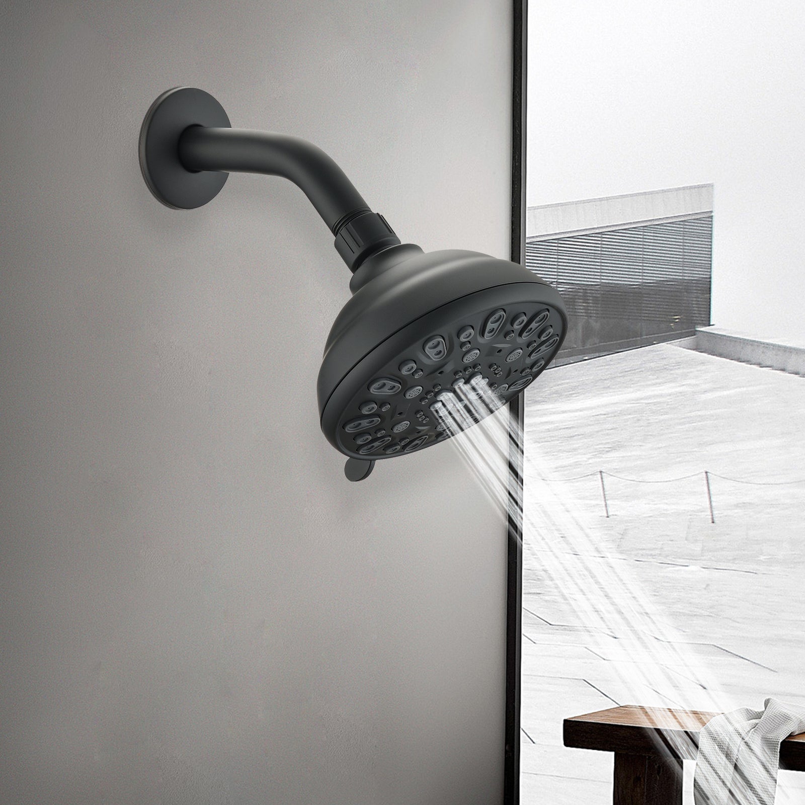 Matte Black high pressure 6-setting 4" shower head - Angle adjustable, clog-proof shower head