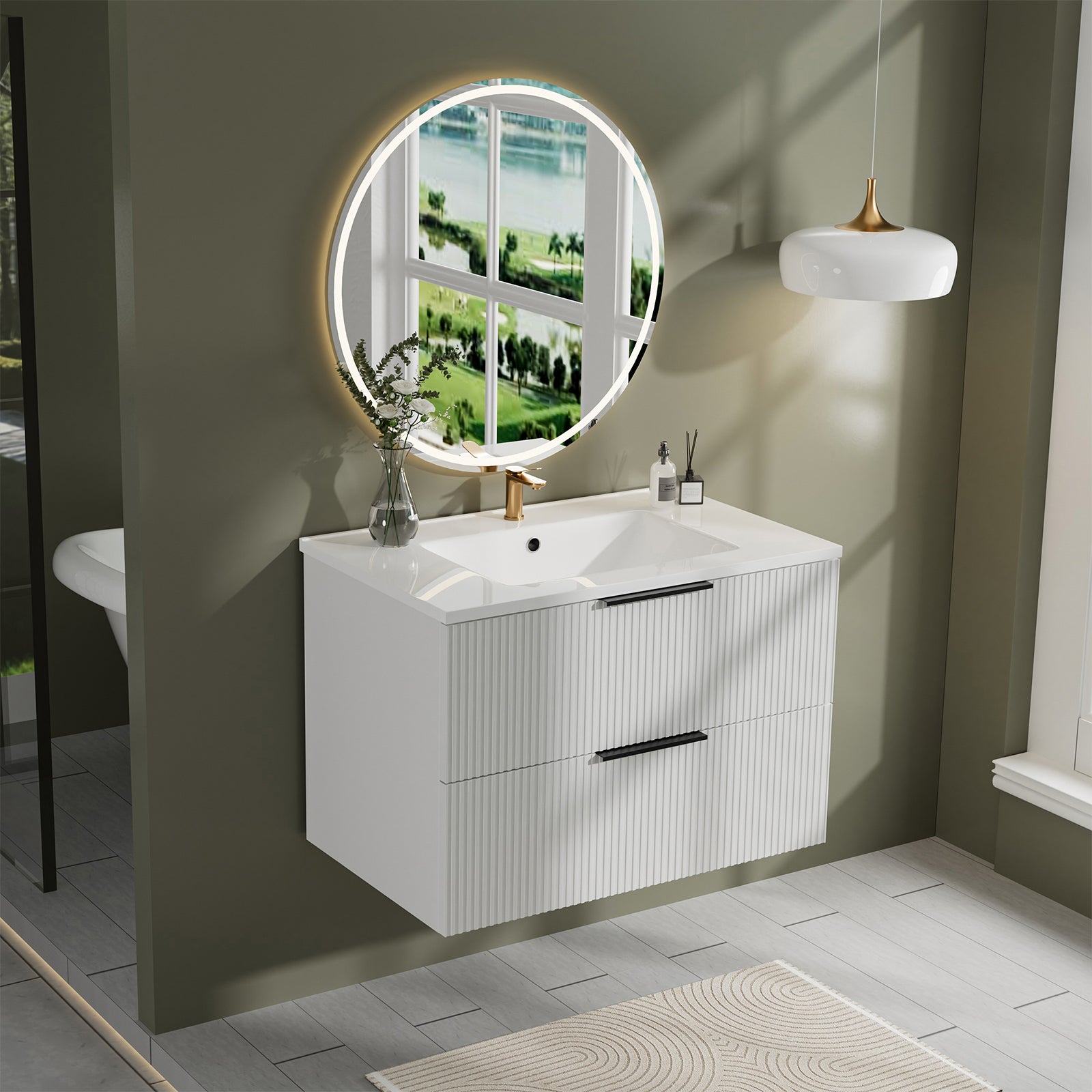 30 Inch Bathroom Vanity Cabinet With Ceramic Sink - White Wall Mounted Floating Fluted Vanity With Drawers, Modern