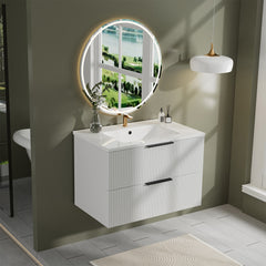 30 Inch Bathroom Vanity Cabinet With Ceramic Sink - White Wall Mounted Floating Fluted Vanity With Drawers, Modern