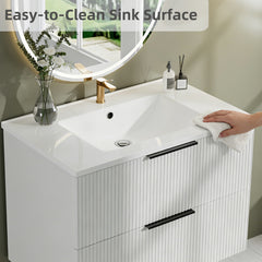 30 Inch Bathroom Vanity Cabinet With Ceramic Sink - White Wall Mounted Floating Fluted Vanity With Drawers, Modern