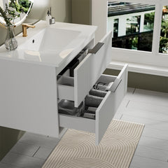 30 Inch Bathroom Vanity Cabinet With Ceramic Sink - White Wall Mounted Floating Fluted Vanity With Drawers, Modern