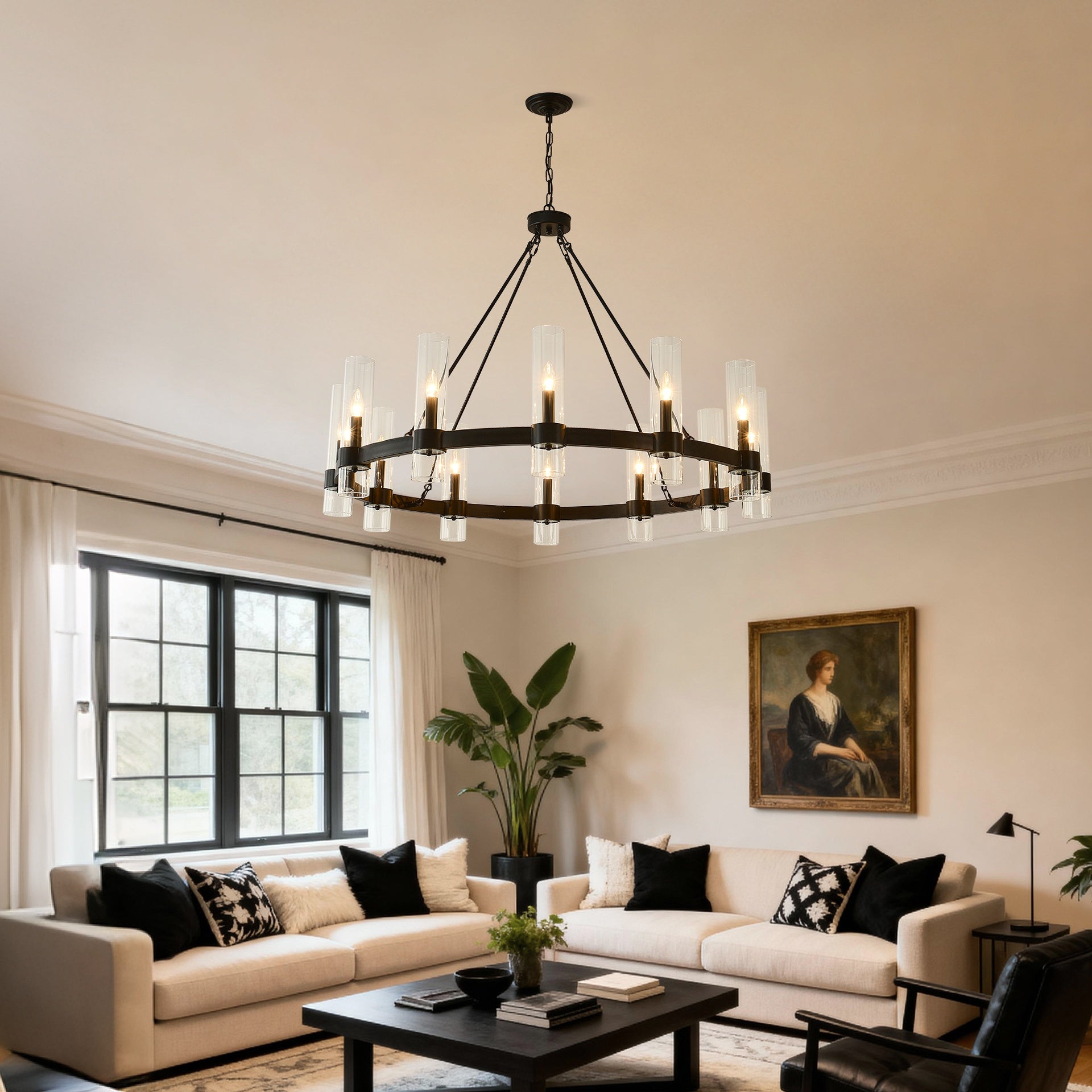 43.3''Matte Black Wagon Wheel Chandelier With 12 Lights (No Bulbs)