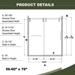 56"-60"W x 76"H Frameless Shower Door, Sliding Shower Door, Premium 5/16"(8mm) Thick Tempered Glass Shower Enclosure with Towel Bar ,Double Side Easy Clean Coat,Brushed Nickel Finished With Buffer