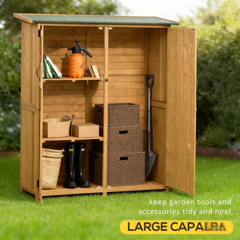 Wooden Garden Storage Outdoor Storage Cabinet Wooden Garden Shed Utility Tool Organizer with Waterproof Asphalt Rood, Lockable Doors