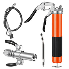 Grease Gun, 8000 PSI, Pistol Grip Grease Gun Kit with 14 oz Capacity, Includes 18-Inch Flex Hose, Double Handle Grease Coupler, Extension Rigid Pipe & Sharp Type Nozzle for Automotive, Marine
