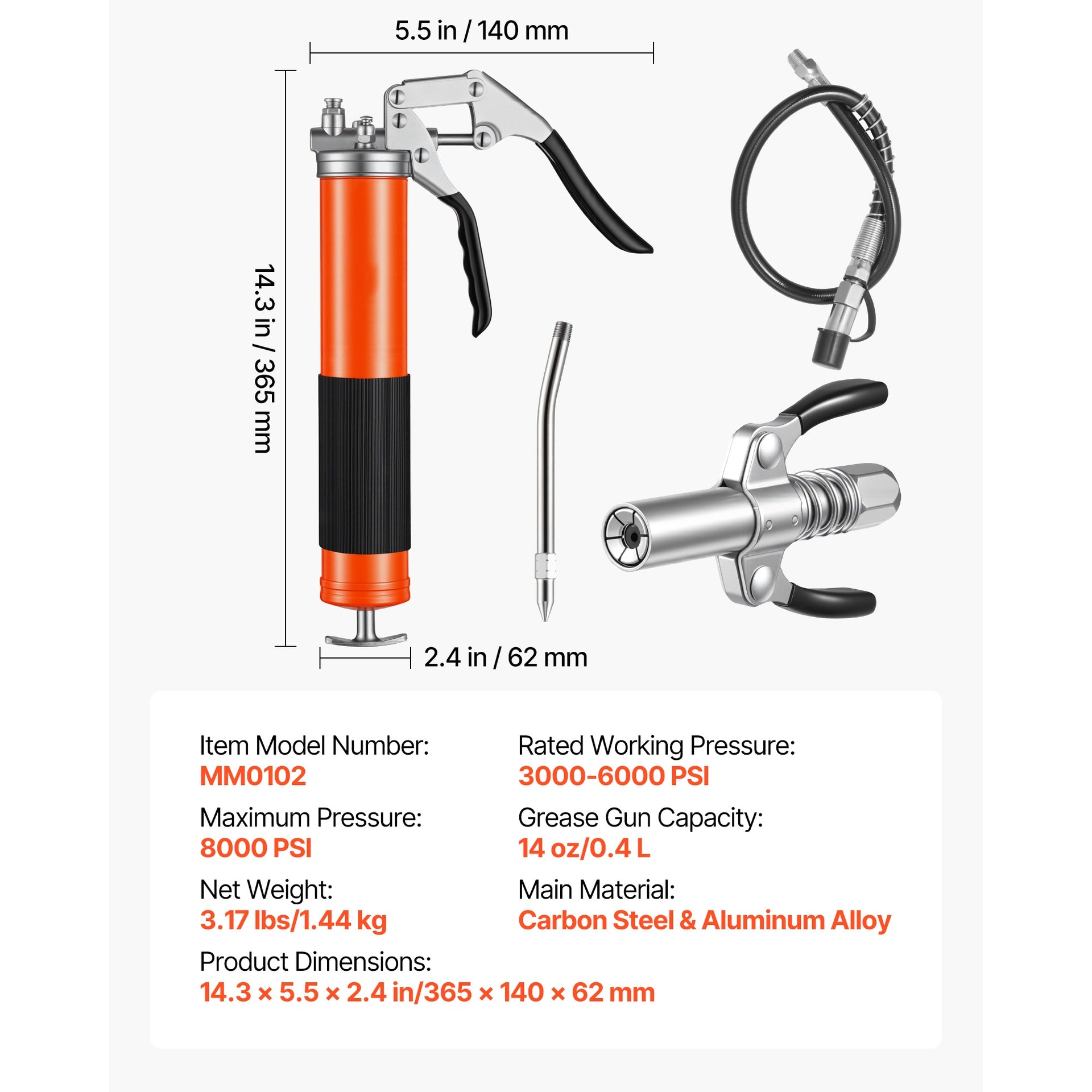 Grease Gun, 8000 PSI, Pistol Grip Grease Gun Kit with 14 oz Capacity, Includes 18-Inch Flex Hose, Double Handle Grease Coupler, Extension Rigid Pipe & Sharp Type Nozzle for Automotive, Marine
