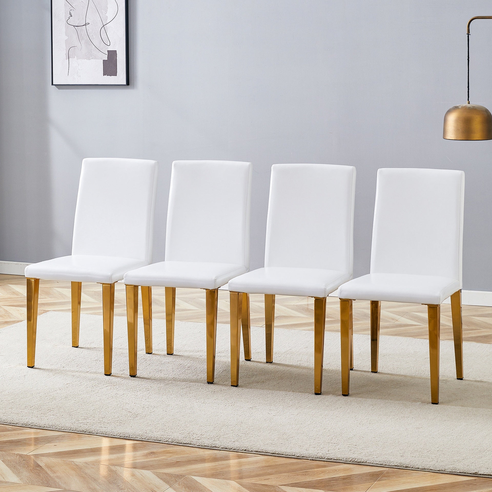 Set of 4 White PU Dining Chairs: 35.4" High, 18.5" Ergonomic Backrest, 17"×16" Sponge Seat, Perfect for Dining Room, Home Office & Living Space, Stylish & Comfortable.Golden Metal Leg.