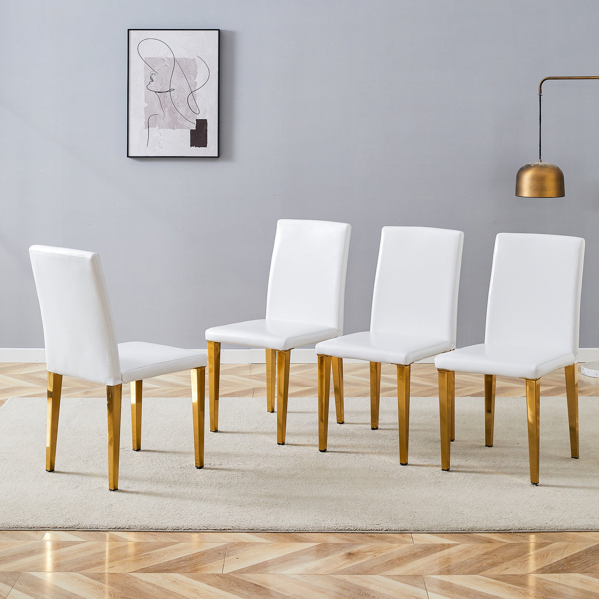 Set of 4 White PU Dining Chairs: 35.4" High, 18.5" Ergonomic Backrest, 17"×16" Sponge Seat, Perfect for Dining Room, Home Office & Living Space, Stylish & Comfortable.Golden Metal Leg.