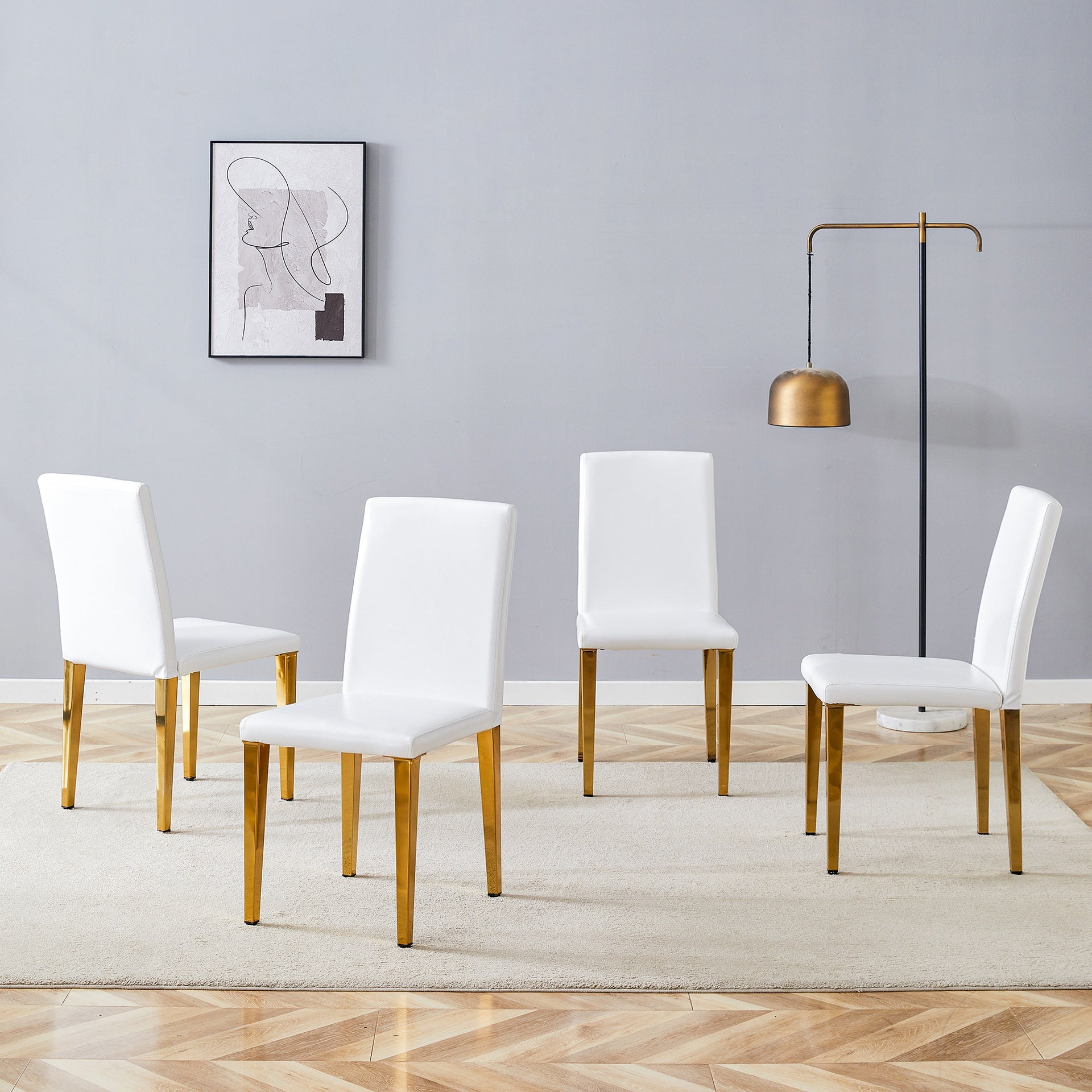 Set of 4 White PU Dining Chairs: 35.4" High, 18.5" Ergonomic Backrest, 17"×16" Sponge Seat, Perfect for Dining Room, Home Office & Living Space, Stylish & Comfortable.Golden Metal Leg.
