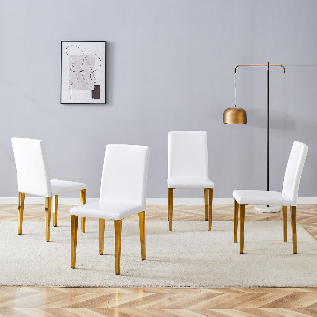 Set of 4 White PU Dining Chairs: 35.4" High, 18.5" Ergonomic Backrest, 17"×16" Sponge Seat, Perfect for Dining Room, Home Office & Living Space, Stylish & Comfortable.Golden Metal Leg.