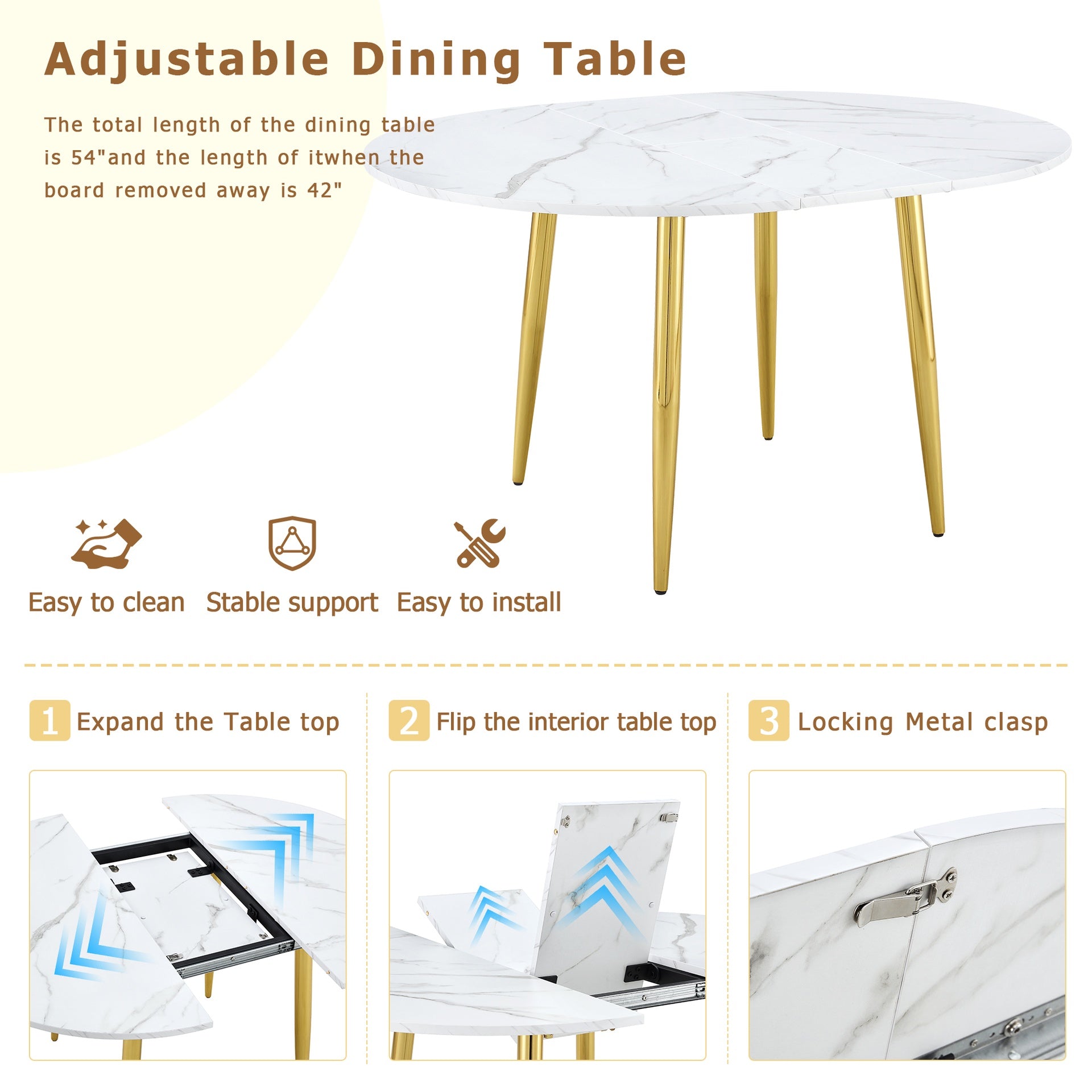 Table and chair set.Extendable MDF Dining Table.The pull-out table is suitable for gatherings of different size.Paired with 4 Black PU Chairs with Simple Line Designs On The Backrest.