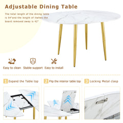 Table and chair set.Extendable MDF Dining Table.The pull-out table is suitable for gatherings of different size.Paired with 4 Black PU Chairs with Simple Line Designs On The Backrest.