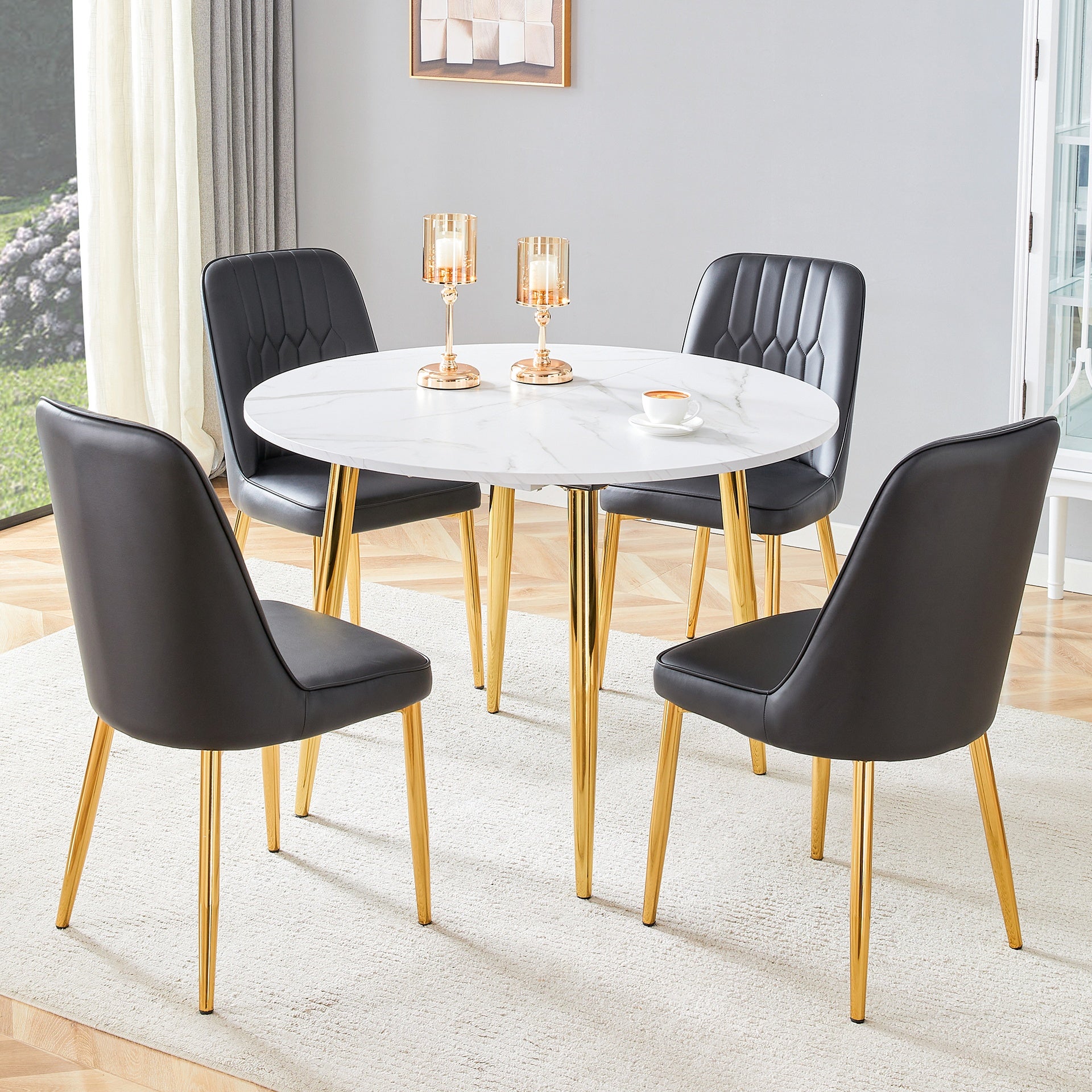 Table and chair set.Extendable MDF Dining Table.The pull-out table is suitable for gatherings of different size.Paired with 4 Black PU Chairs with Simple Line Designs On The Backrest.