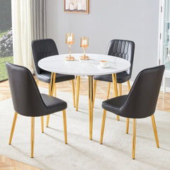 Table and chair set.Extendable MDF Dining Table.The pull-out table is suitable for gatherings of different size.Paired with 4 Black PU Chairs with Simple Line Designs On The Backrest.