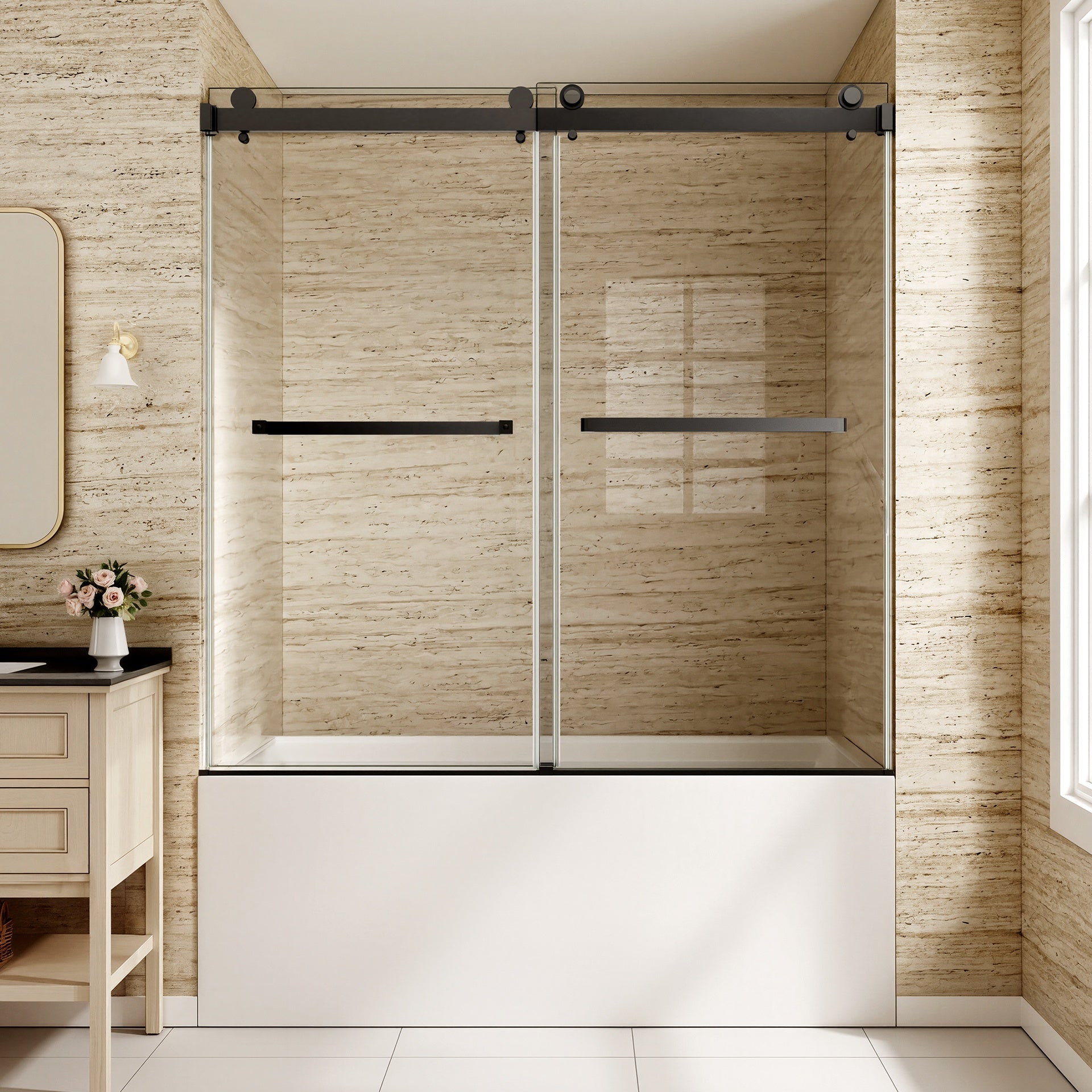 60" W x 60" H Matte Black Frameless Double Sliding Shower Door, Bathtub Door, 5/16"(8mm) Tempered Glass, Explosion-proof Film