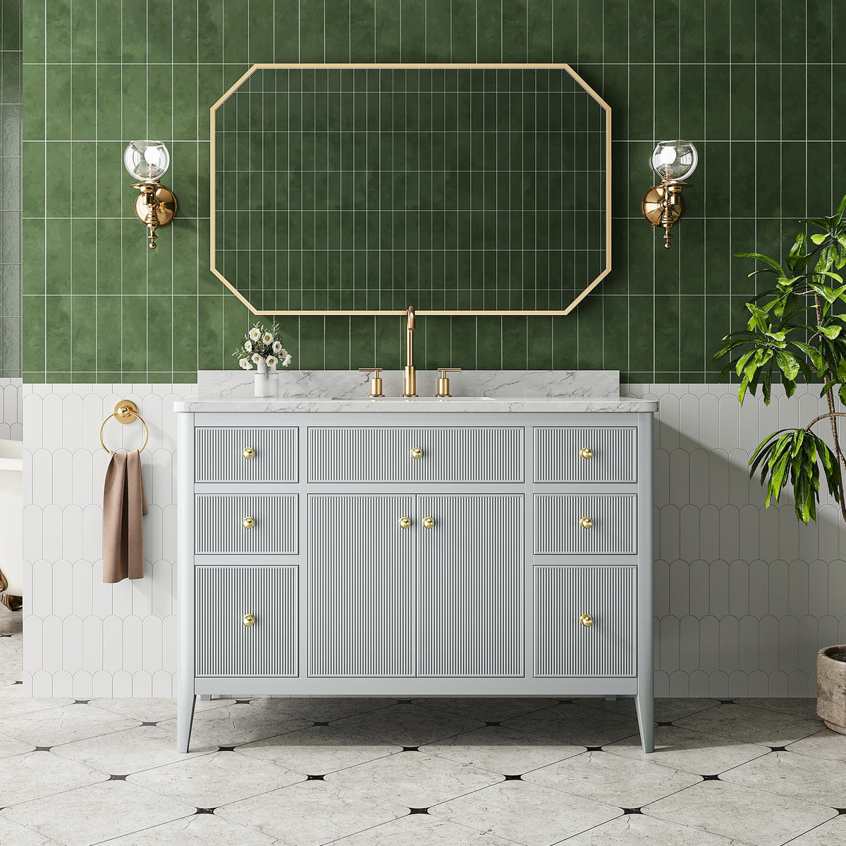 Fully Assembled 48''  Grey Freestanding Single Sink Bathroom Vanity with Solid Wood Construction and Engineered Marble Top