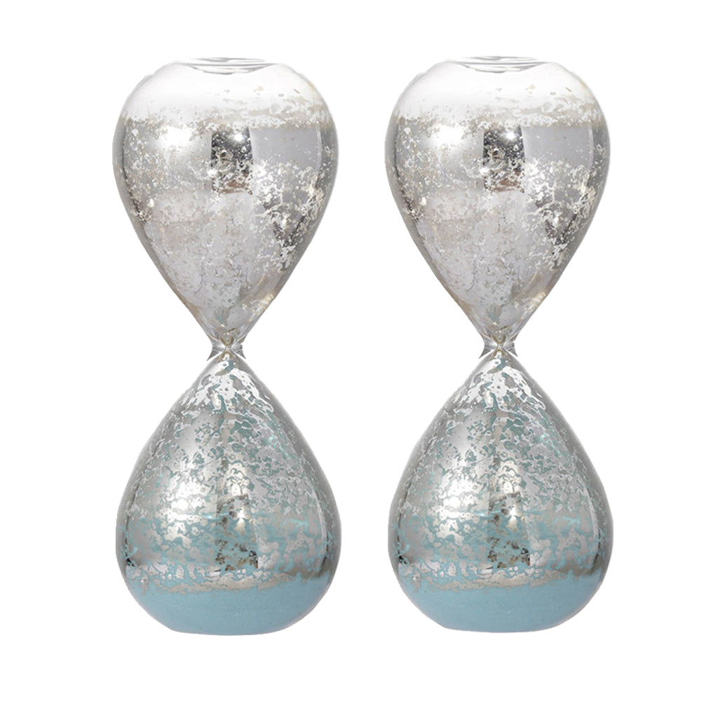 Set of 2, 3.2x3.2x8" Peleus 30-Minute Silvered Hourglass, Jade Sand