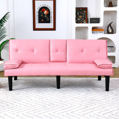 The 67-inch pink PVC multi-functional sofa bed, with a foldable and cup holder design, makes it extremely convenient to turn the living room into a guest room