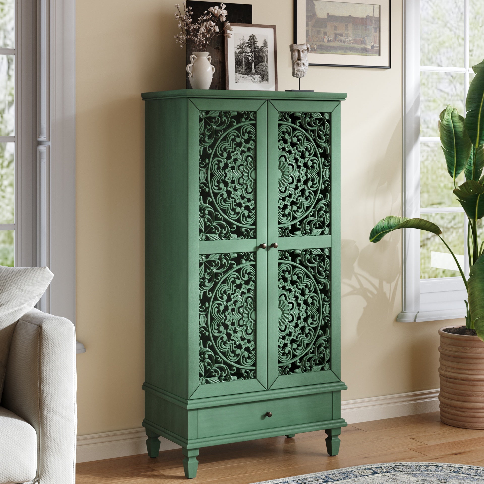 Rustic 55'' Tall Storage Cabinet with Drawer, Decorative 2-Door Carved Wood Accent Cabinet with Solid Wood Legs for Living Room, Hallway, Dining Room, Antique Green