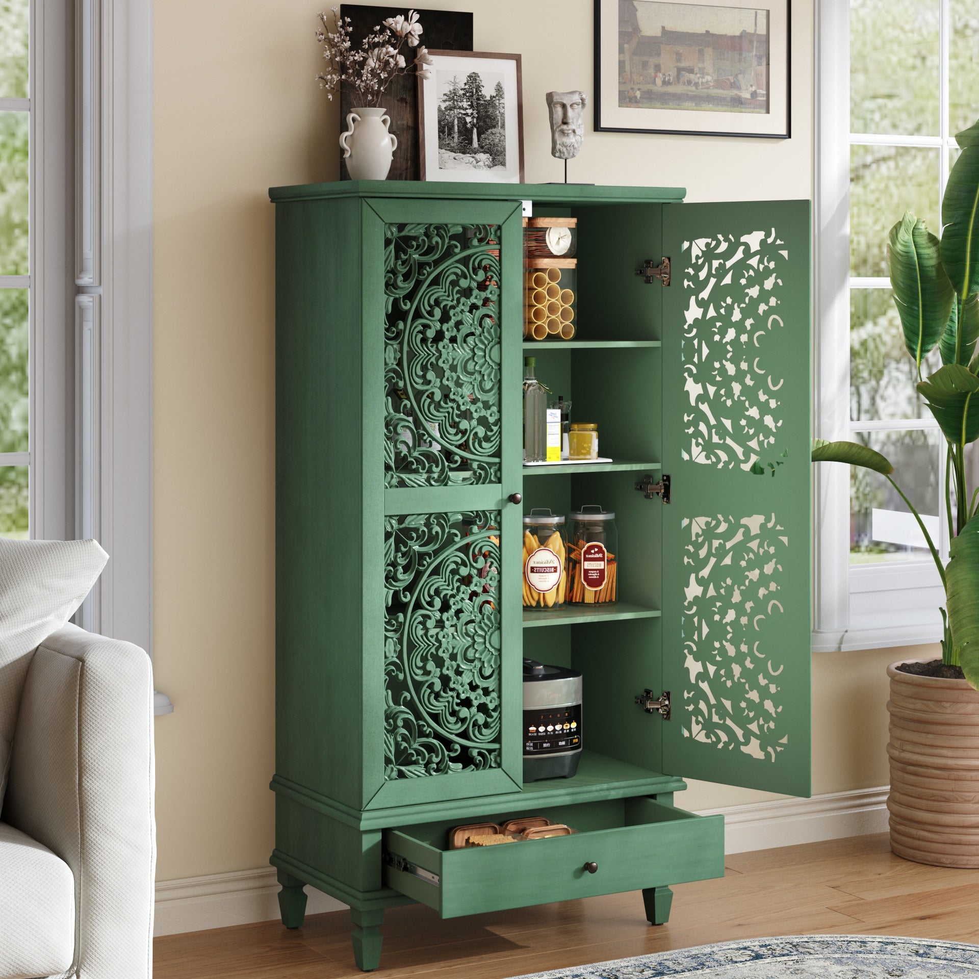Rustic 55'' Tall Storage Cabinet with Drawer, Decorative 2-Door Carved Wood Accent Cabinet with Solid Wood Legs for Living Room, Hallway, Dining Room, Antique Green