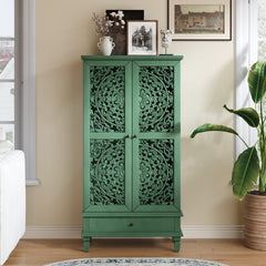 Rustic 55'' Tall Storage Cabinet with Drawer, Decorative 2-Door Carved Wood Accent Cabinet with Solid Wood Legs for Living Room, Hallway, Dining Room, Antique Green