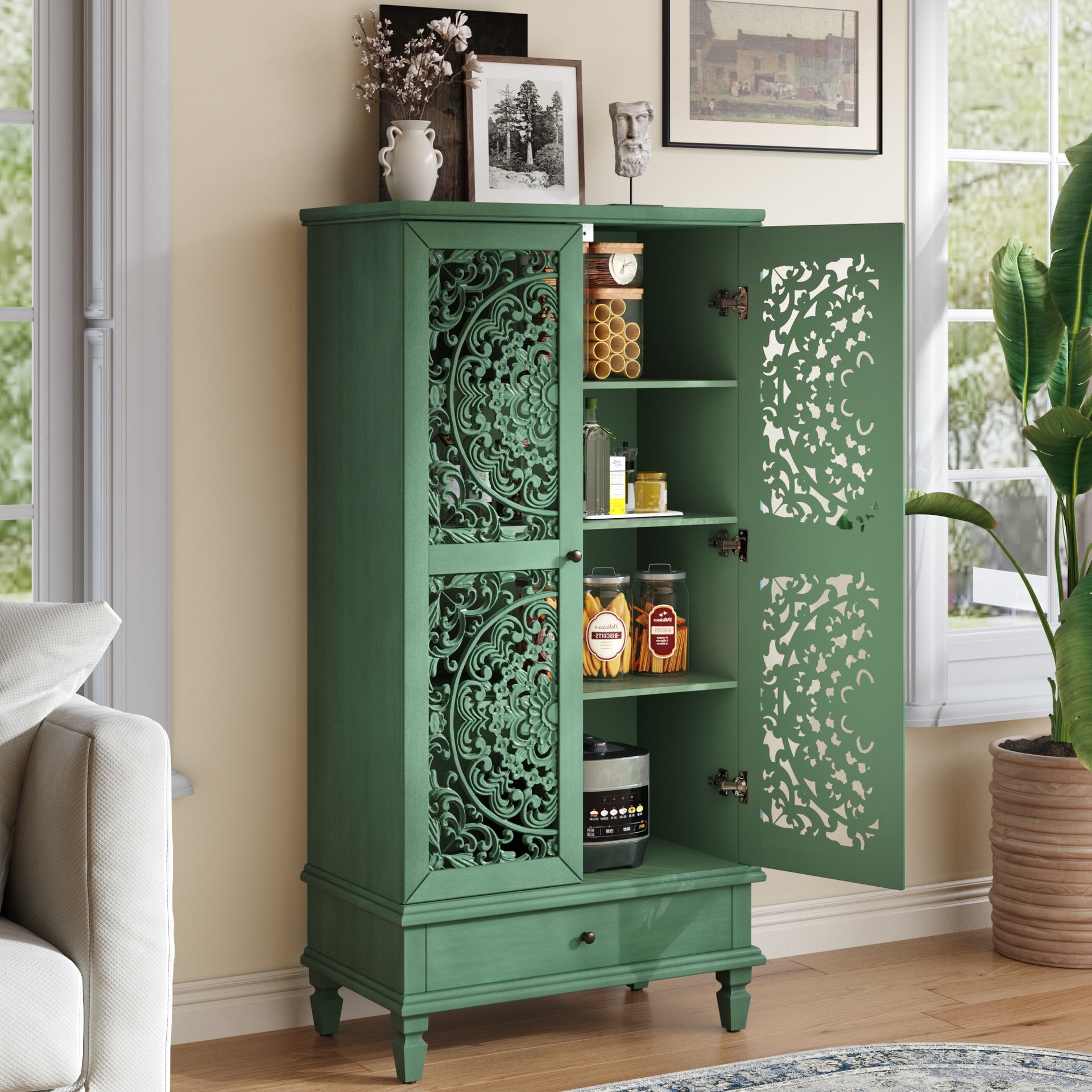 Rustic 55'' Tall Storage Cabinet with Drawer, Decorative 2-Door Carved Wood Accent Cabinet with Solid Wood Legs for Living Room, Hallway, Dining Room, Antique Green