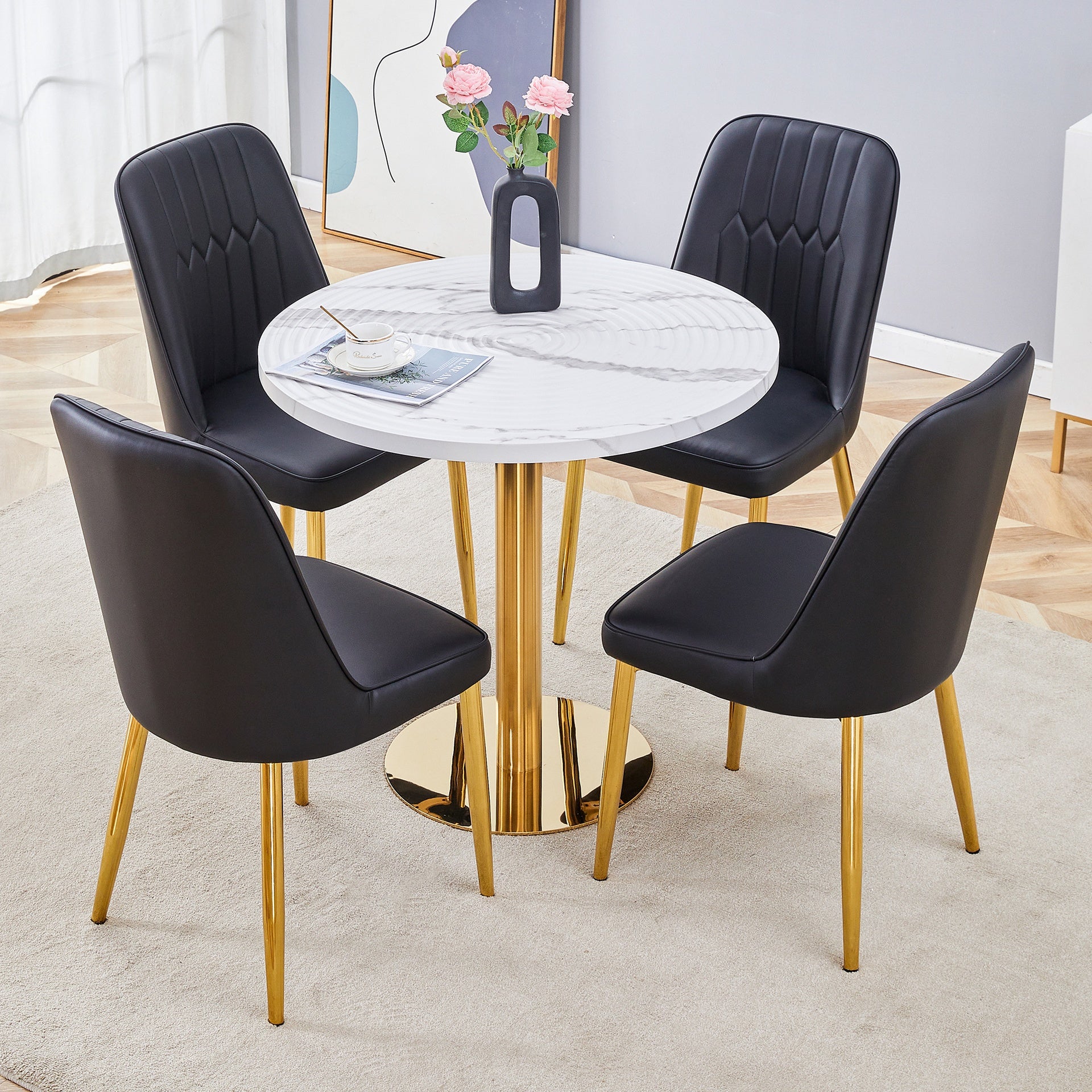 Table and chair set.31.5 Inch Elegant White Marble Pattern Round Dining Table - Suction Molding Annular Texture.Paired With 4 Black PU Chairs with Simple Line Designs On The Backrest.