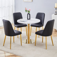 Table and chair set.31.5 Inch Elegant White Marble Pattern Round Dining Table - Suction Molding Annular Texture.Paired With 4 Black PU Chairs with Simple Line Designs On The Backrest.