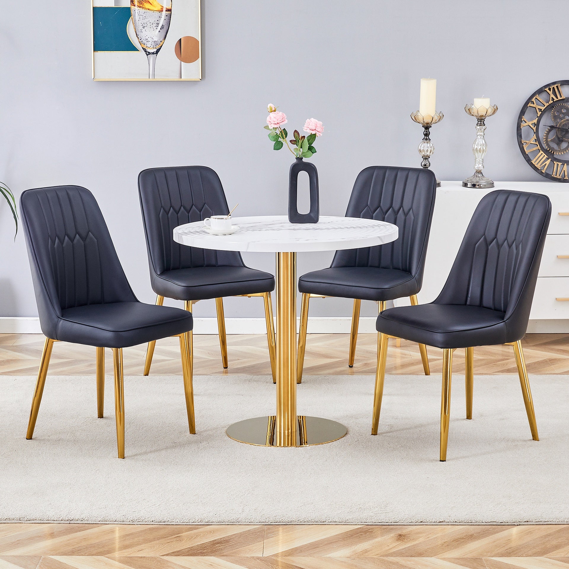 Table and chair set.31.5 Inch Elegant White Marble Pattern Round Dining Table - Suction Molding Annular Texture.Paired With 4 Black PU Chairs with Simple Line Designs On The Backrest.